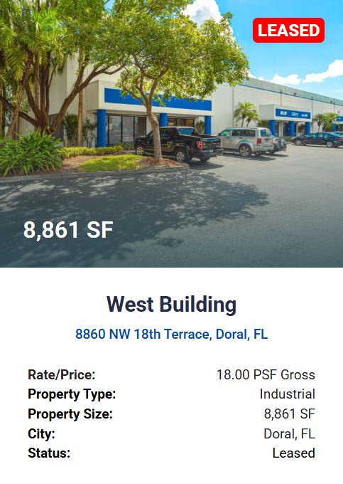 For Lease - 8860 NW 18th Terrace, Doral, FL. 8,861 SF - 18psf gross. Agora Real Estate.