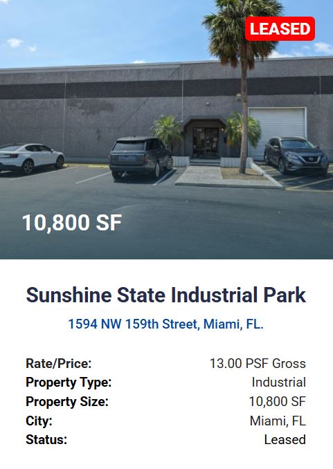 For Lease - 1594 NW 159th Street, Miami, FL. 10,800 SF - 13psf gross. Agora Real Estate.