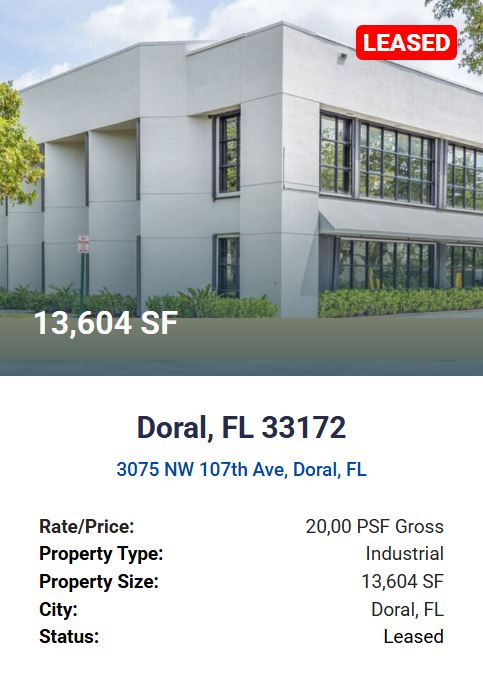For Lease - 3075 NW 107th Ave, Doral, FL. 13,604 SF - 20psf gross. Agora Real Estate.