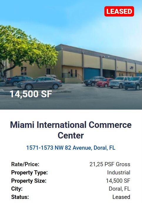 For Lease - 1571-1573 NW 82 Avenue, Doral, FL. 14,500 SF - 21,25 psf gross. Agora Real Estate.