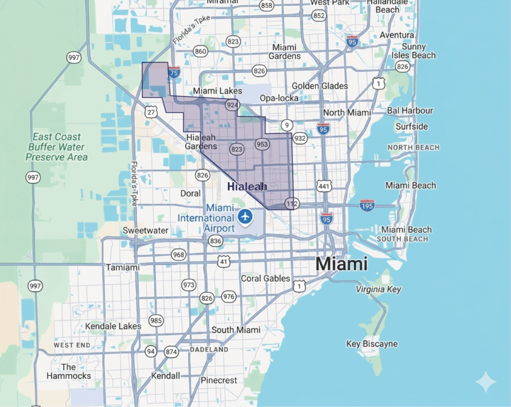 Hialeah highlighted on Miami map near airport with Medley Airport West and North Dade nearby