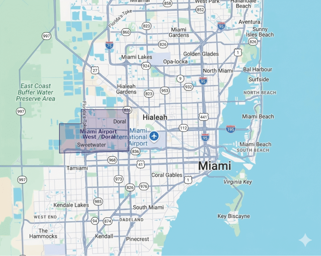 Map of Miami industrial submarkets highlighting Airport West Doral Hialeah Medley and surrounding areas