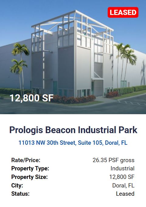 For Sublease - Prologis Beacon Industrial Park 11013 NW 30th Street, Suite 105, Doral, FL - 12,800 SF - 26.35 PSF Gross - Agora Real Estate