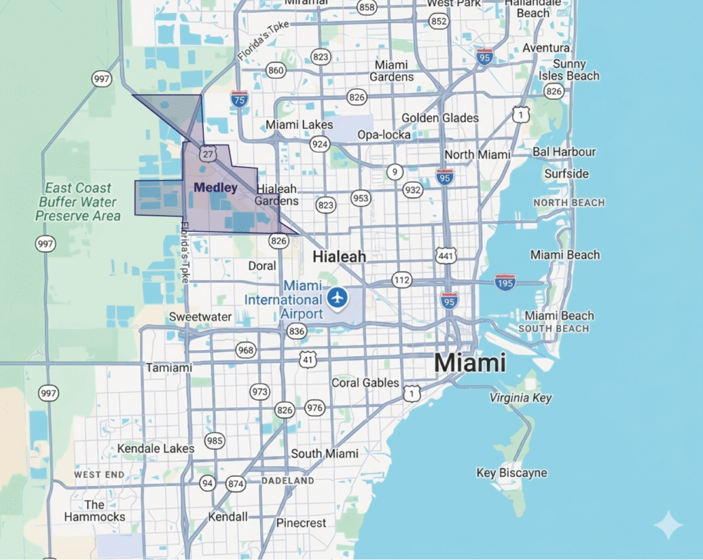 Map showing Medley FL industrial area near major highways and Miami International Airport logistics hubs